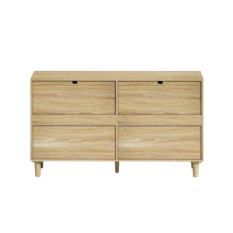 Commode six tiroirs en rotin avec poignées métalliques et pieds en bois