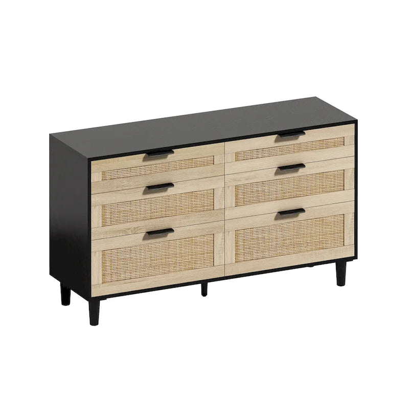 Commode six tiroirs en rotin avec poignées métalliques et pieds en bois