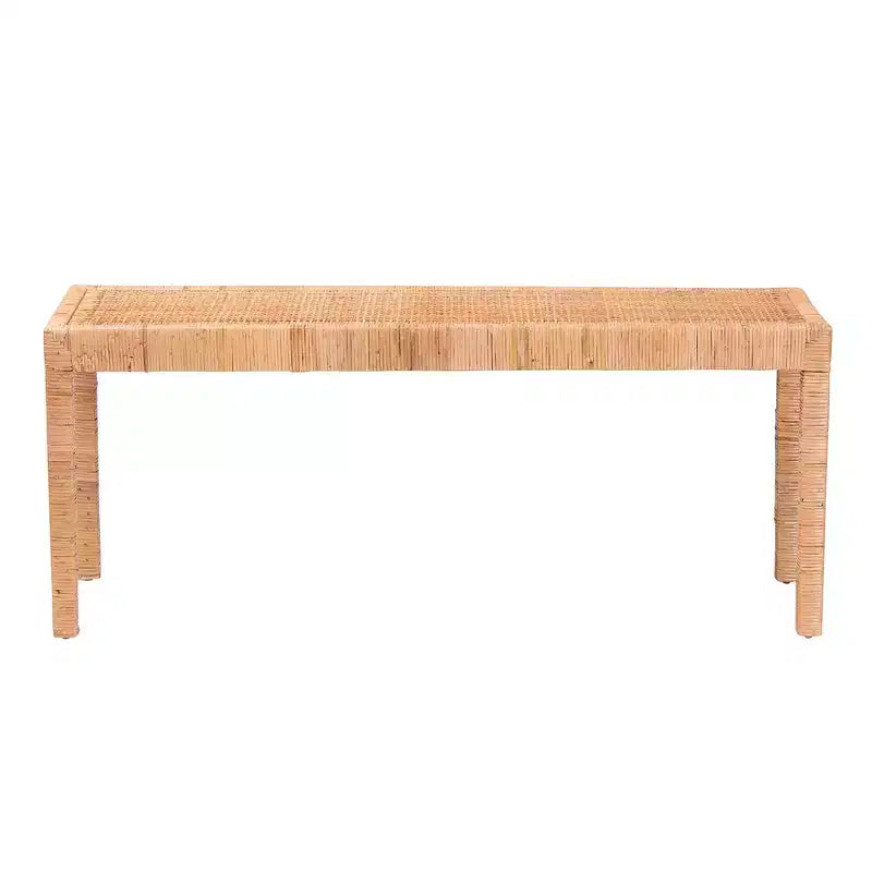 Long banc décoratif en rotin naturel et acajou