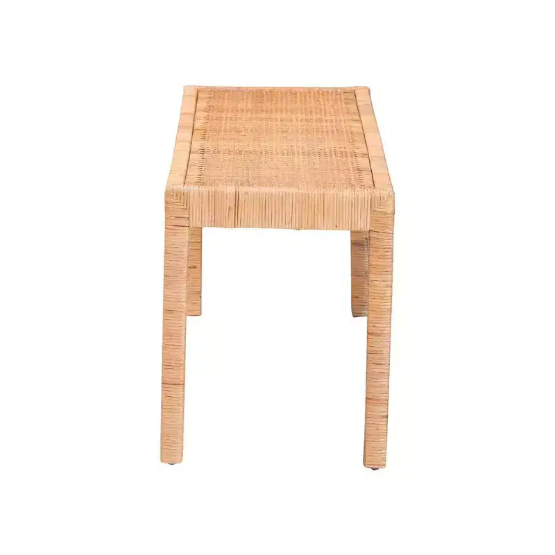 Long banc décoratif en rotin naturel et acajou