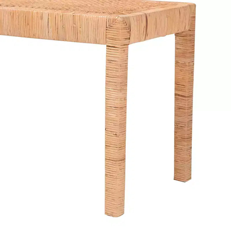 Long banc décoratif en rotin naturel et acajou