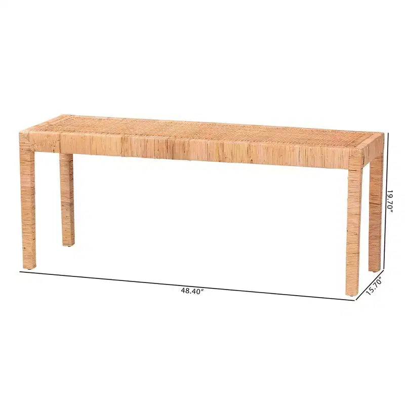 Long banc décoratif en rotin naturel et acajou