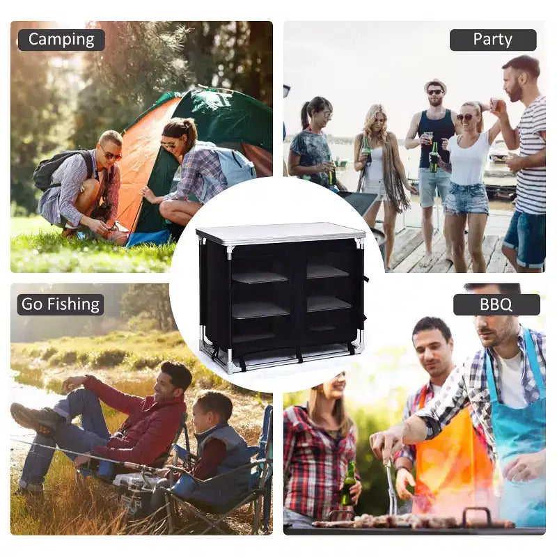 Table de cuisson de camping portable en aluminium avec organisateur de rangement pour barbecue