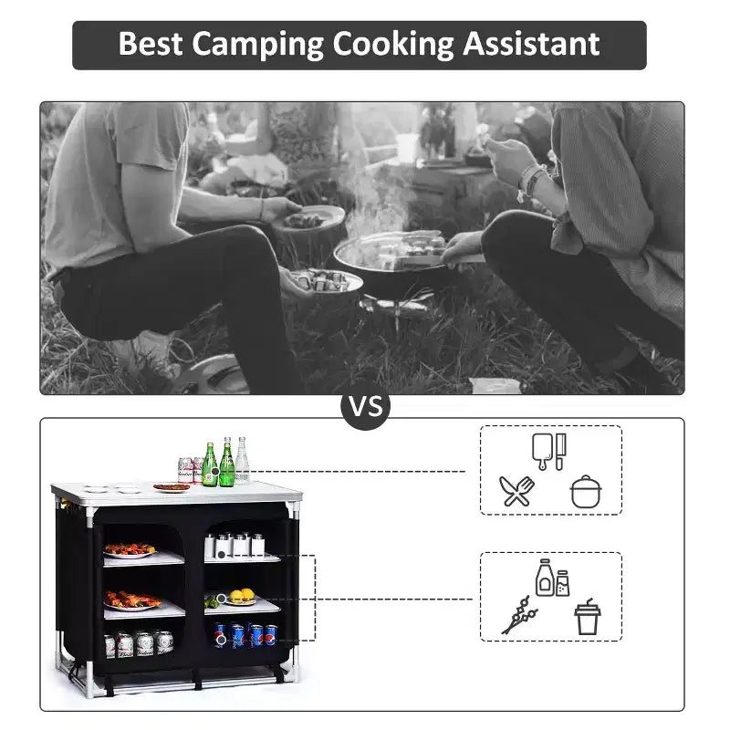 Table de cuisson de camping portable en aluminium avec organisateur de rangement pour barbecue