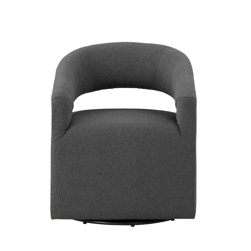 Fauteuil moderne de forme cylindrique avec dossier ajouré et accoudoirs incurvés ; fauteuil pivotant.