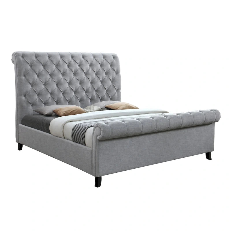 Lit plateforme traîneau capitonné en tissu gris