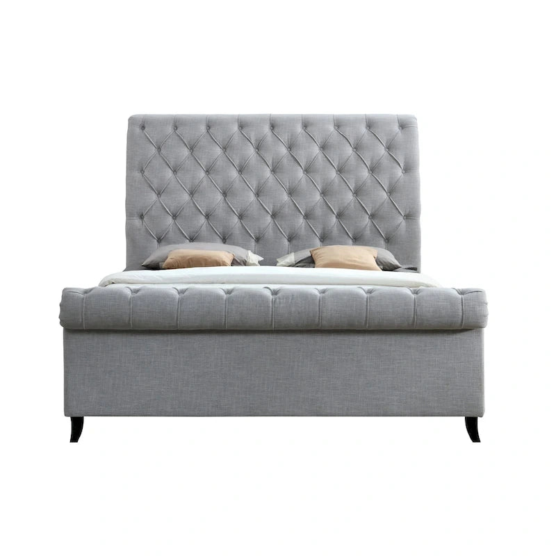 Lit plateforme traîneau capitonné en tissu gris