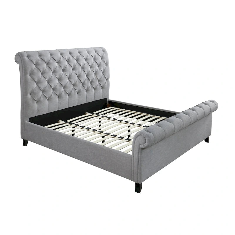 Lit plateforme traîneau capitonné en tissu gris