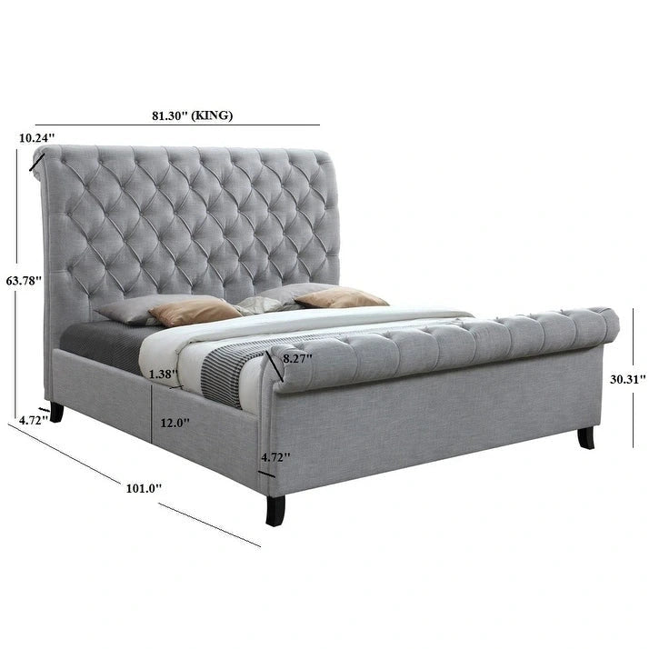 Lit plateforme traîneau capitonné en tissu gris
