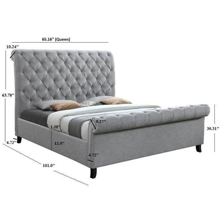 Lit plateforme traîneau capitonné en tissu gris