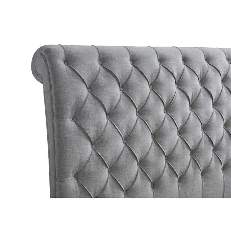 Lit plateforme traîneau capitonné en tissu gris