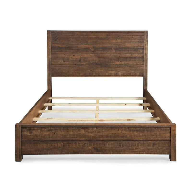 Lit plateforme en pin massif couleur noyer, taille Queen